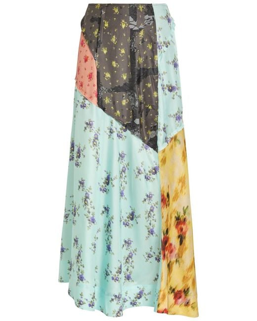 Ganni Blue Printed Panelled Silk Midi Skirt