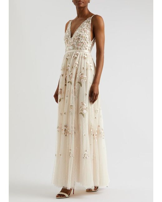 Needle & Thread Natural Posy Floral-Embroidered Tulle Gown