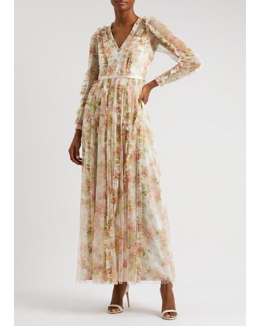 Needle & Thread Natural Peony Promise Floral-Print Ruffled Tulle Gown