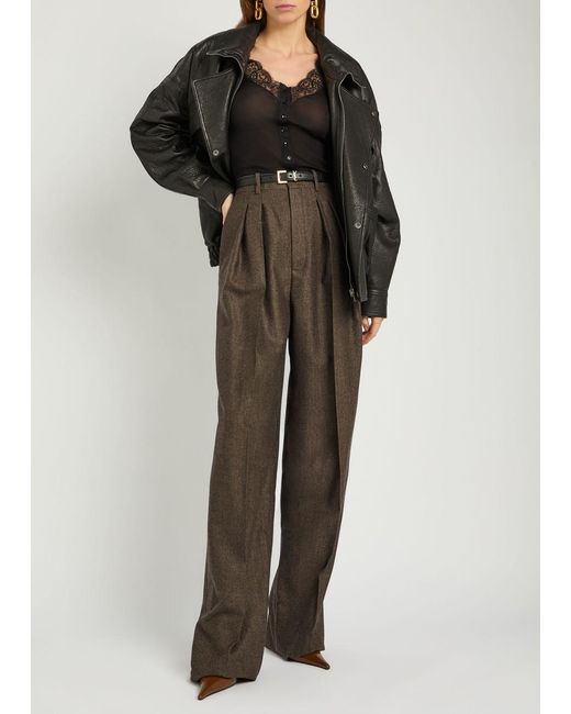 Saint Laurent Brown Subtle-Chevron Straight-Leg Wool Trousers
