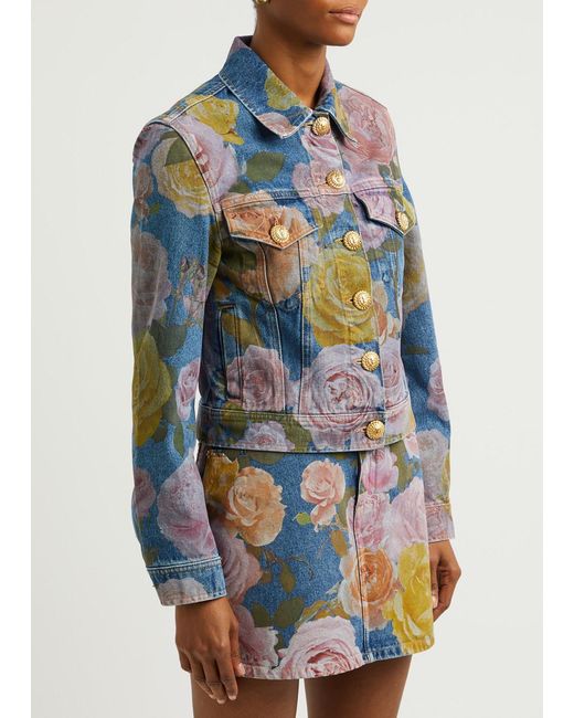 Balmain Blue Floral-Print Denim Jacket