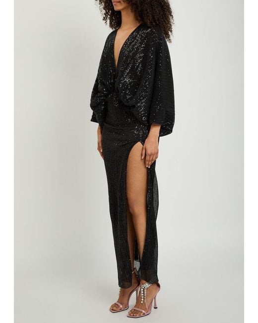 L'idée Black Paradiso Sequin-Embellished Stretch-Mesh Gown