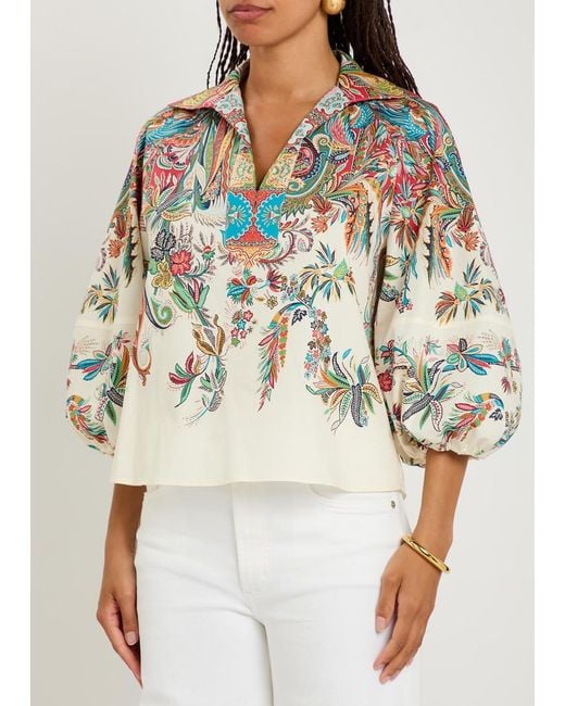 Etro Multicolor Printed Balloon-Sleeve Cotton-Poplin Top