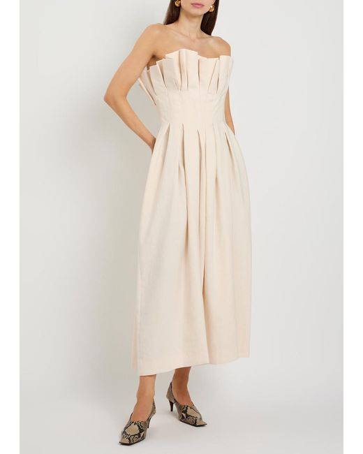 Khaite Natural Claude Pleated Woven Midi Dress