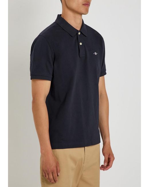 Gant Blue Logo-Embroidered Piqué Cotton Polo Shirt for men