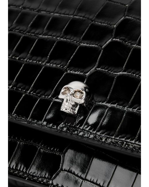 Alexander McQueen Black Skull Medium Crocodile-effect Leather Top Handle Bag