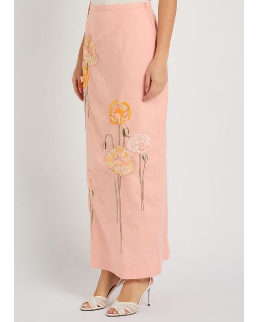 BERNADETTE Pink Norma Floral-Embroidered Cotton And Linen-Blend Midi Skirt