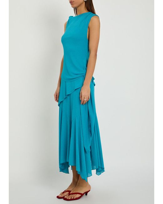 Ganni Blue Draped Asymmetric Mesh Midi Dress