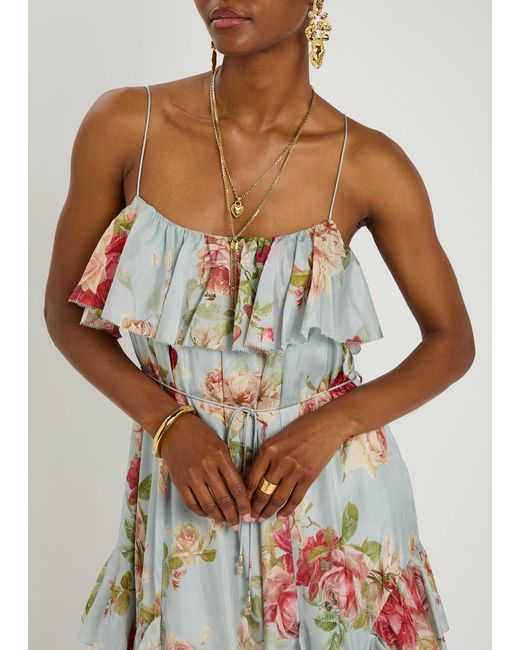 Zimmermann Blue Roselight Floral-Print Ruffled Silk Maxi Dress