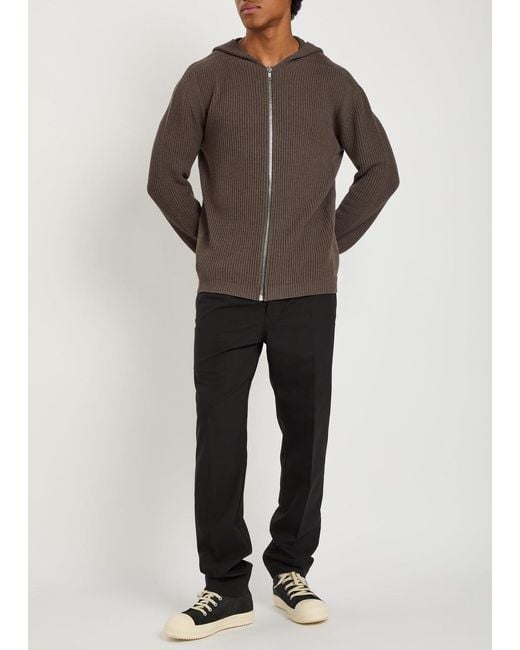 Rick Owens Brown Hooded Zip-Through Ribbed-Wool Jumper for men