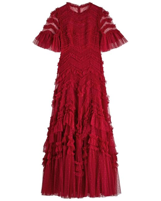 Needle & Thread Red Elia Ruffled Tulle Gown