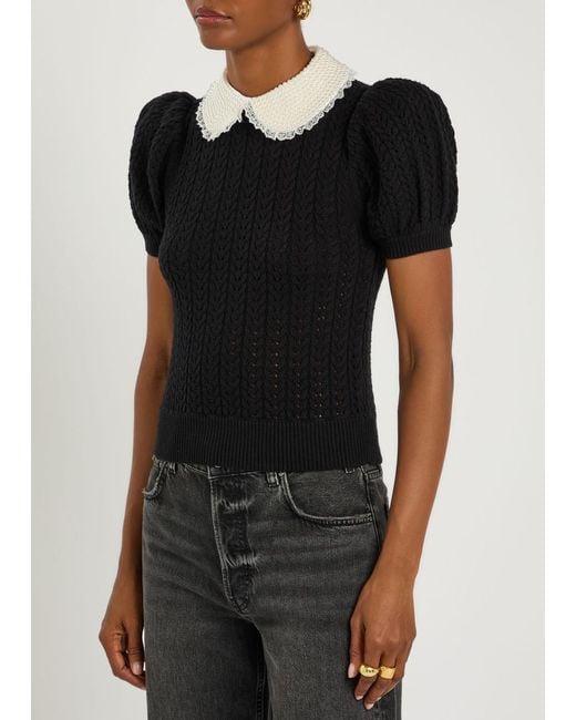 Alice + Olivia Black Chase Puff Faux Pearl-Embellished Cotton-Blend Top