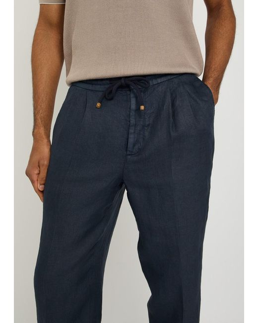 Brunello Cucinelli Blue Drawstring Tapered-Leg Linen Trousers for men
