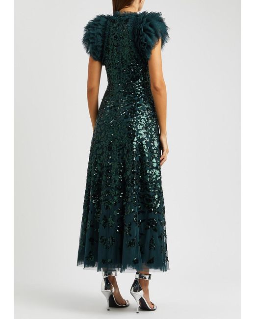 Needle & Thread Green Rose Sequin-embellished Tulle Gown