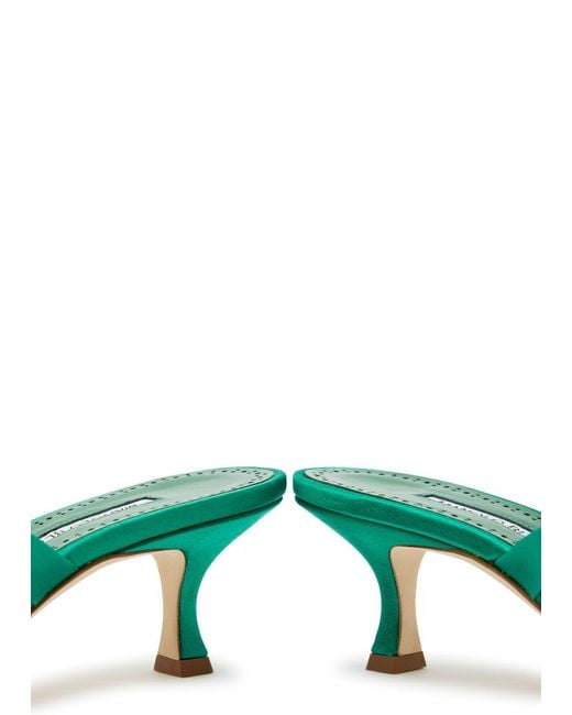 Manolo Blahnik Green Vieramul 50 Cross-Over Satin Mules