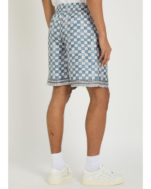 Amiri Blue Chateau Crest Checked Silk Shorts for men
