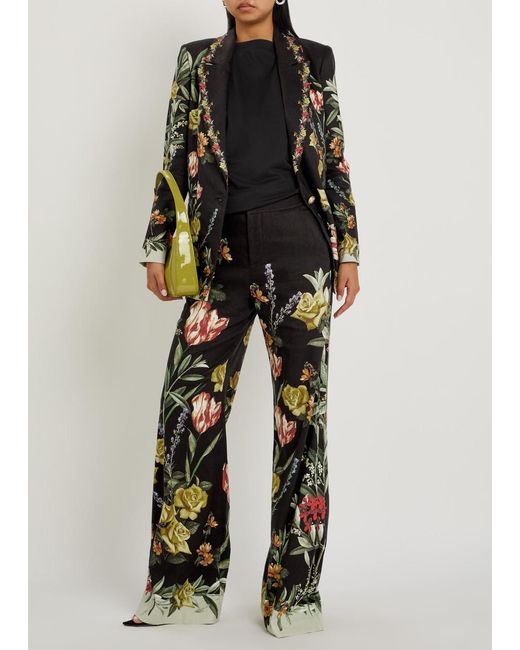 Alice + Olivia Black Dylan Floral-Print Wide-Leg Trousers