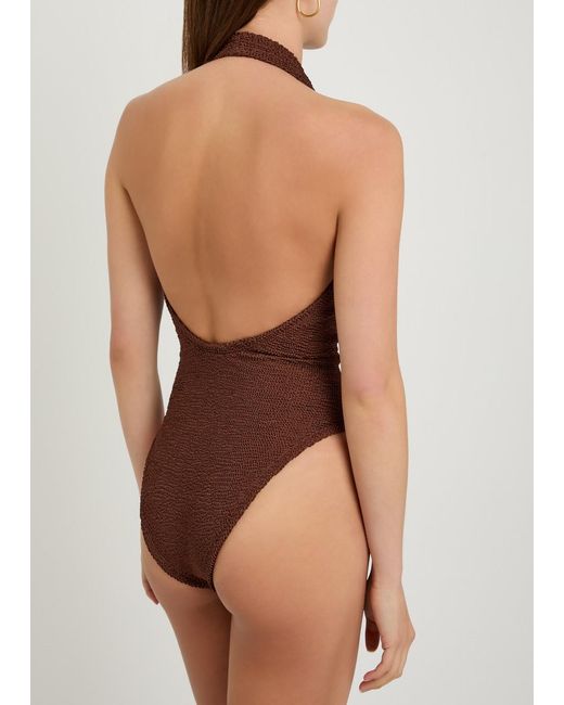 Hunza G Brown Adriana Beaded Crinkle Swimsuit