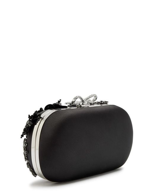 Self-Portrait Black Floral-Embellished Satin Box Clutch