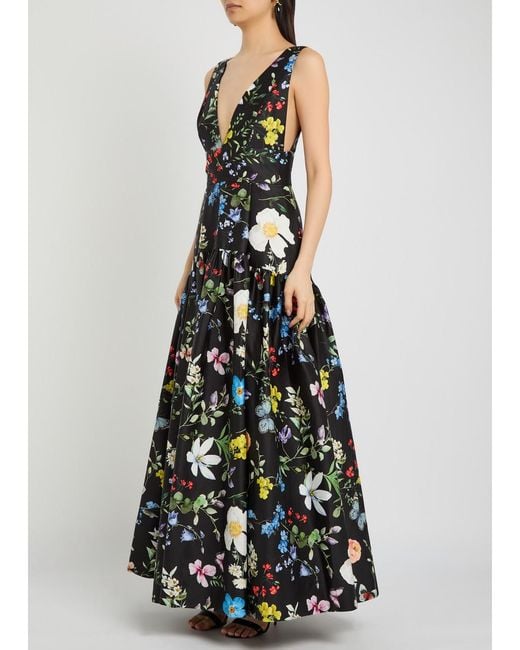 Alice + Olivia Black Lila Floral Print Tiered Stretch-Cotton Gown