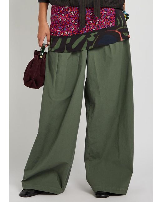 Dries Van Noten Green Pamplona Wide-Leg Stretch-Cotton Poplin Trousers