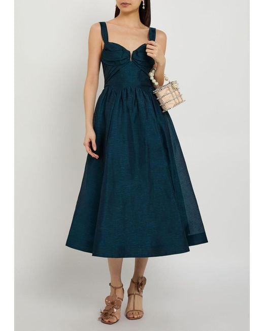 Zimmermann Blue Rebellion Pleated Linen And Silk-Blend Midi Dress