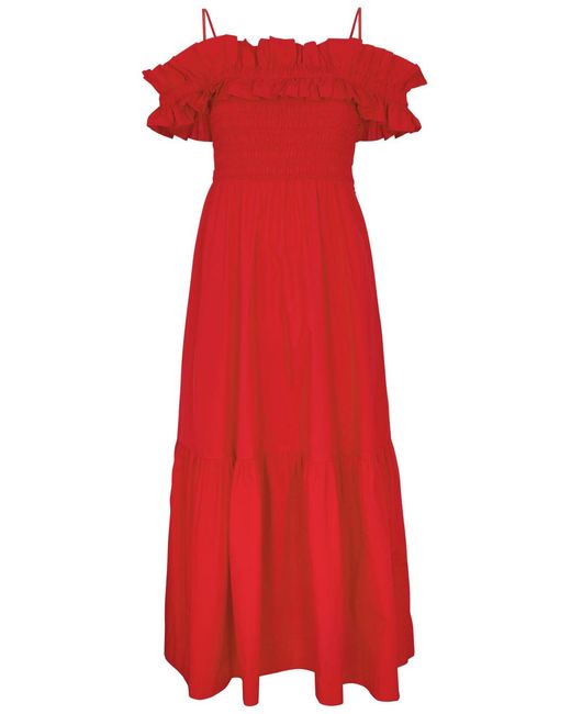 Ganni Red Ruffled Cotton-Poplin Midi Dress