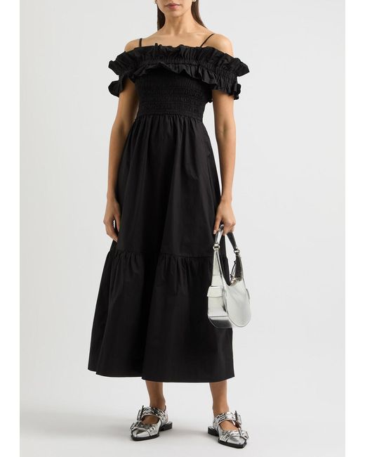 Ganni Black Ruffled Cotton-Poplin Midi Dress