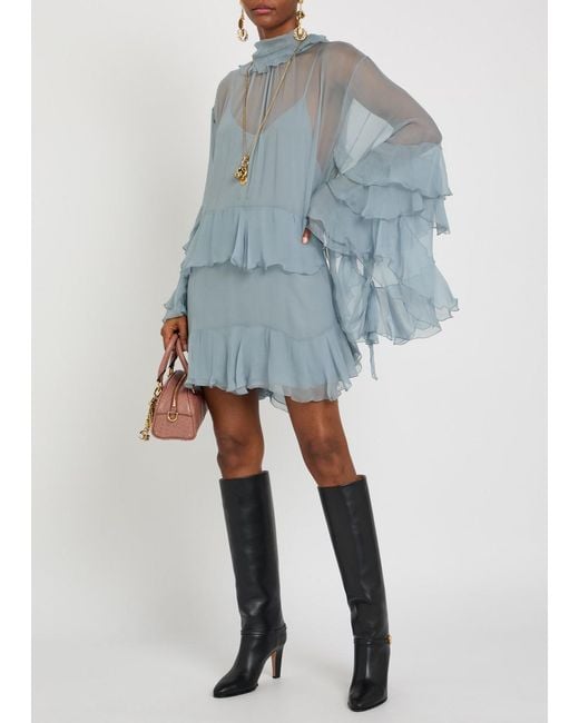Chloé Blue Ruffled Tiered Silk-Chiffon Mini Dress