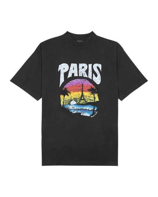 Balenciaga Black Paris Tropical Printed Cotton T-Shirt for men