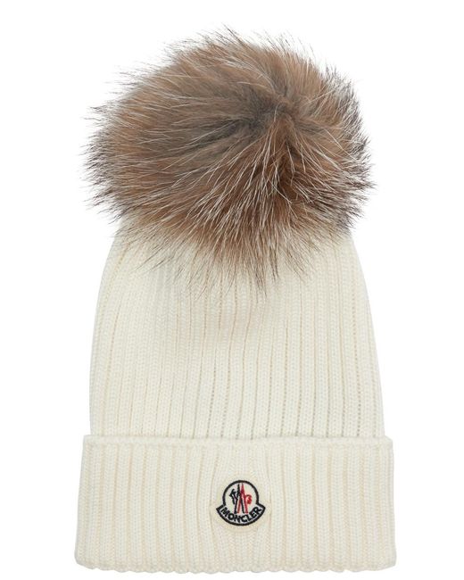 Moncler Natural Kids Pompom Ribbed Wool Beanie