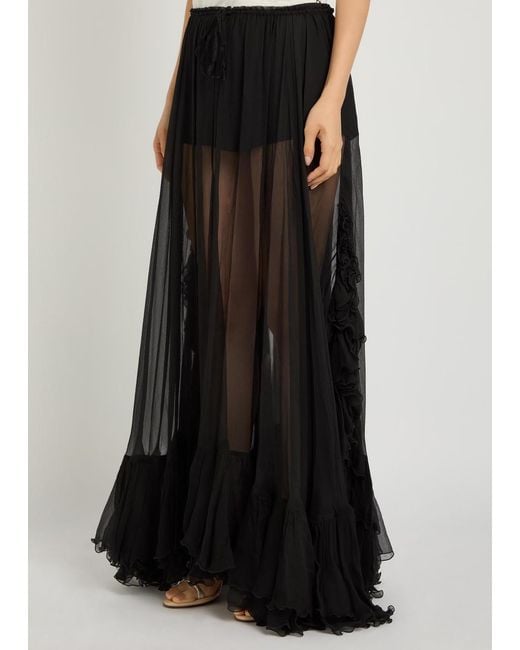 Chloé Black Ruffled Sheer Silk-Chiffon Maxi Skirt