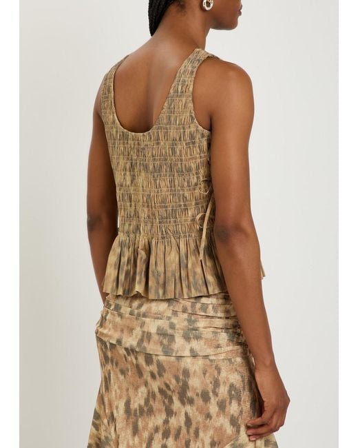 Ganni Natural Leopard-Print Stretch-Cotton Poplin Top