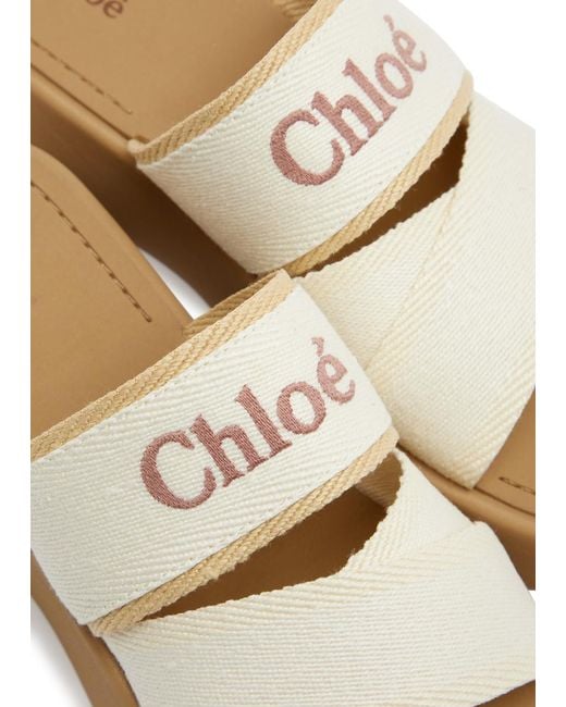 Chloé White Mila Logo Canvas Flatform Sliders