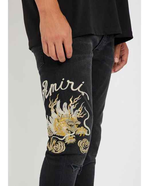 Amiri Blue Dragon Repair Embroidered Slim-Leg Jeans for men