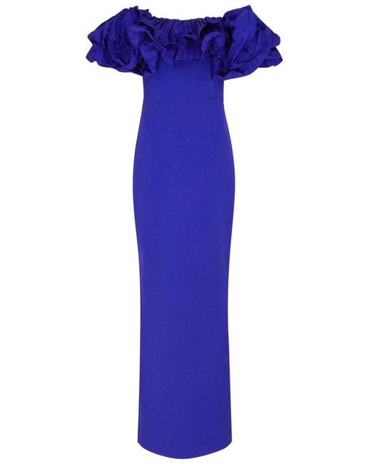 Rebecca Vallance Blue Cora Off-the-shoulder Stretch-crepe Gown