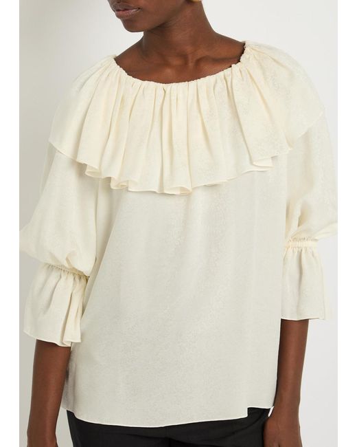 Chloé Natural Floral Jacquard Ruffled Silk Blouse