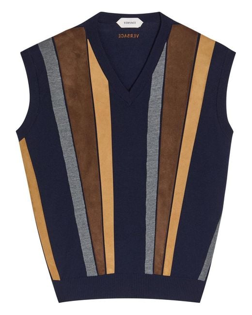 Versace Blue Patchwork Fine-Knit Wool And Suede Vest