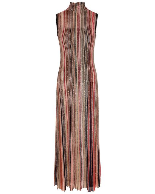 Missoni Brown Striped Embellished Ribbed-knit Midi Dress