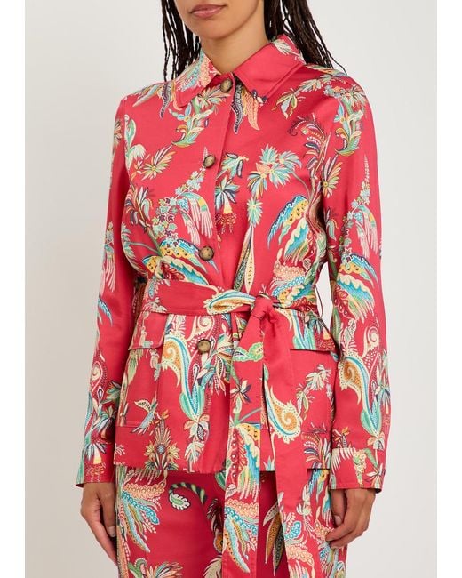 Etro Red Printed Belted Satin Jacket