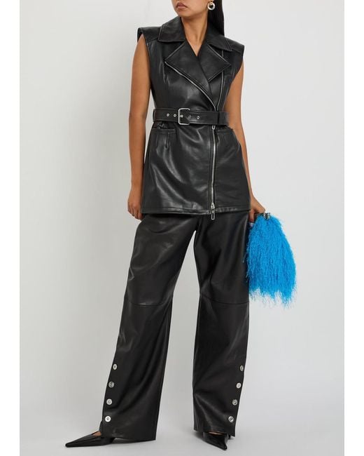 Sportmax Black Belted Leather Biker Vest Jacket
