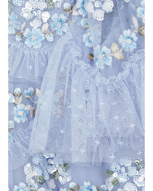 Needle & Thread Blue Daisy Wave Floral-Embroidered Tulle Dress