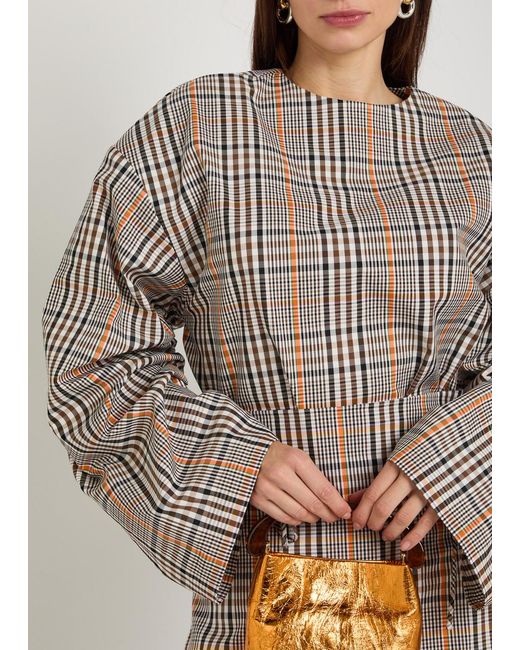 A.W.A.K.E. MODE Gray Checked Drawstring Cotton-Blend Top