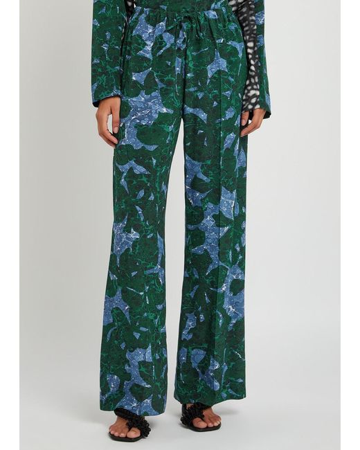 Dries Van Noten Green Puvis Printed Silk-Chiffon Trousers