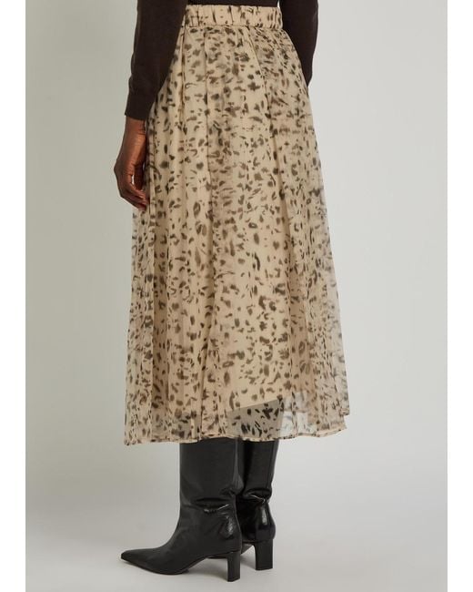 Brunello Cucinelli Natural Lynx-Print Silk-Organza Midi Skirt