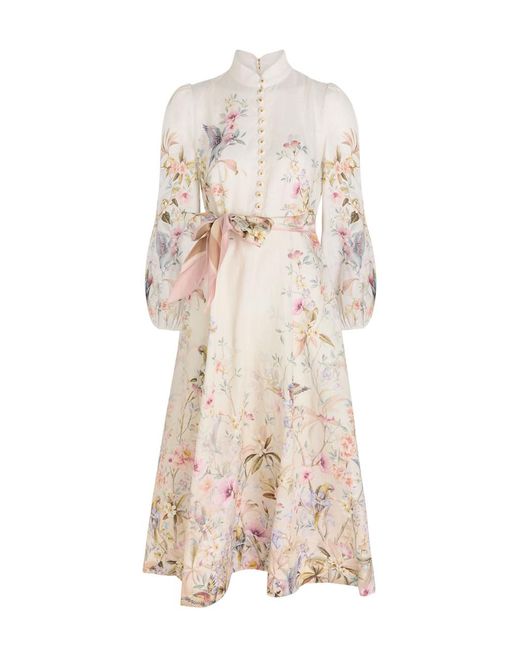 zimmermann pink floral belted midi dress ZIMMERMANN Matchmaker Belted Floral-Print Linen And Silk-Blend Midi Dress