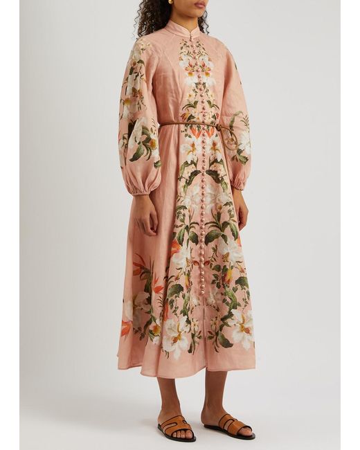 Zimmermann Natural Lexi Billow Floral-print Linen Midi Dress