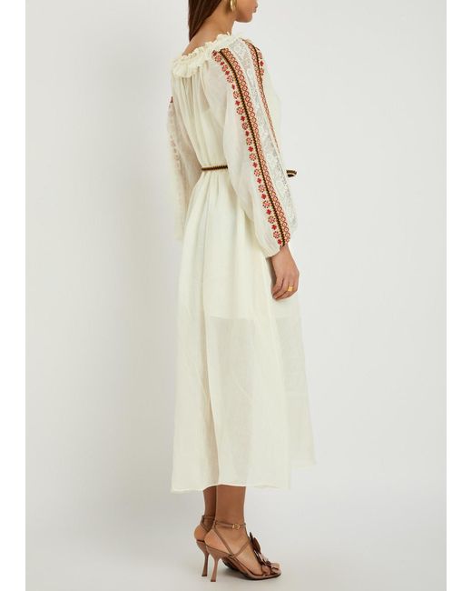 Zimmermann Natural Aster Embroidered Belted Ramie Maxi Dress