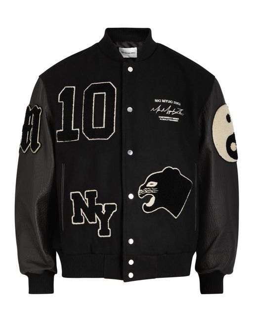 MKI Miyuki-Zoku Black Appliquéd Wool-Blend And Leather Varsity Jacket for men