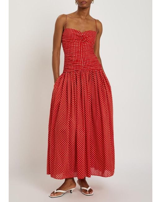 Matteau Polka Dot Gathered Cotton-Blend Midi Dress